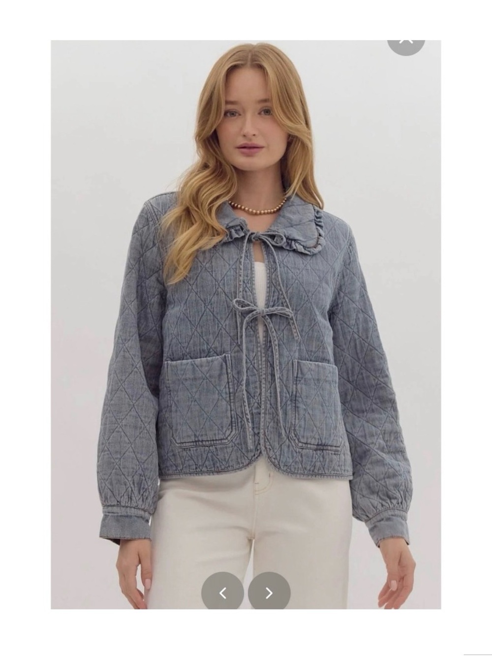 entro Blue Quilted Tie-Front Jean Jacket with Ruffle Collar